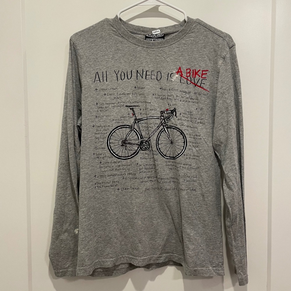 Cycology Mens‎ All You Need Is A Bike Long Sleeve Graphic Tee Grey Medium